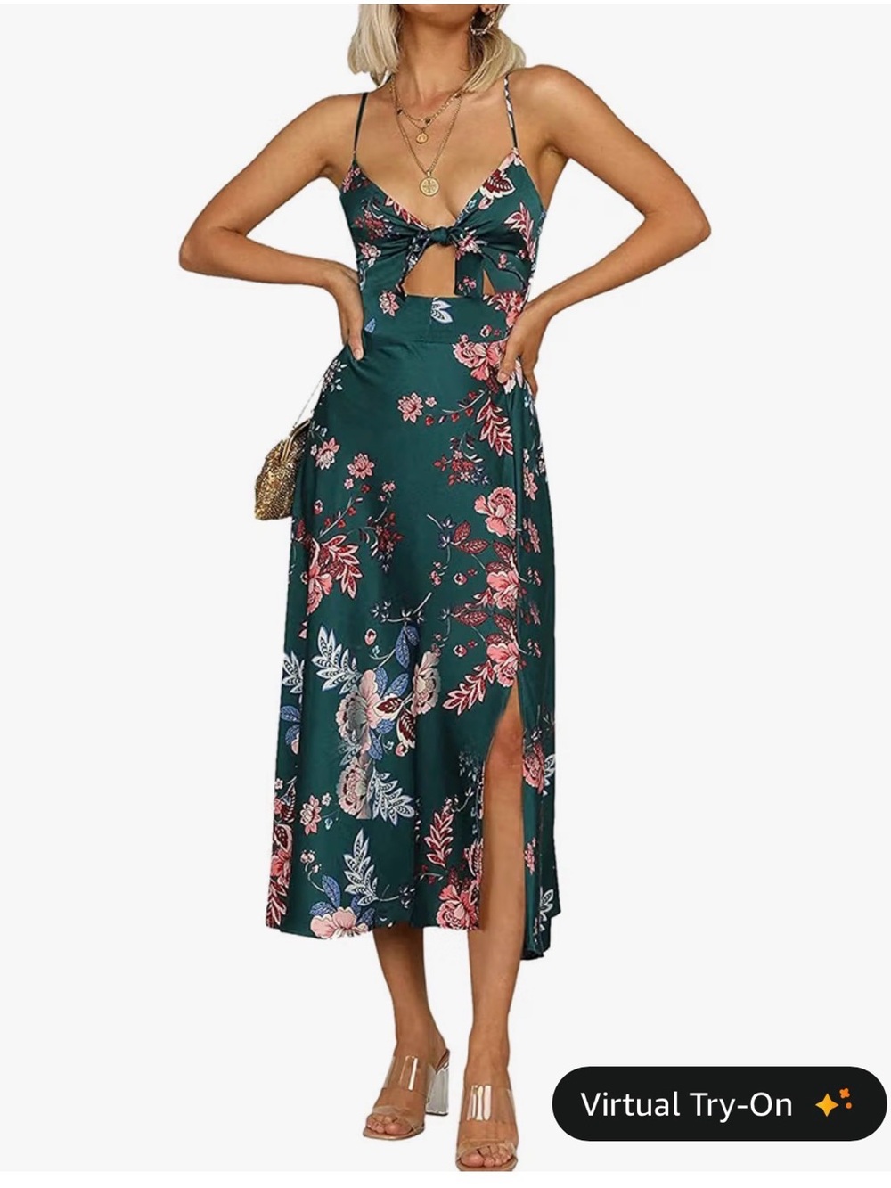 Green Floral Tie-Front Midi Dress with Side Slit